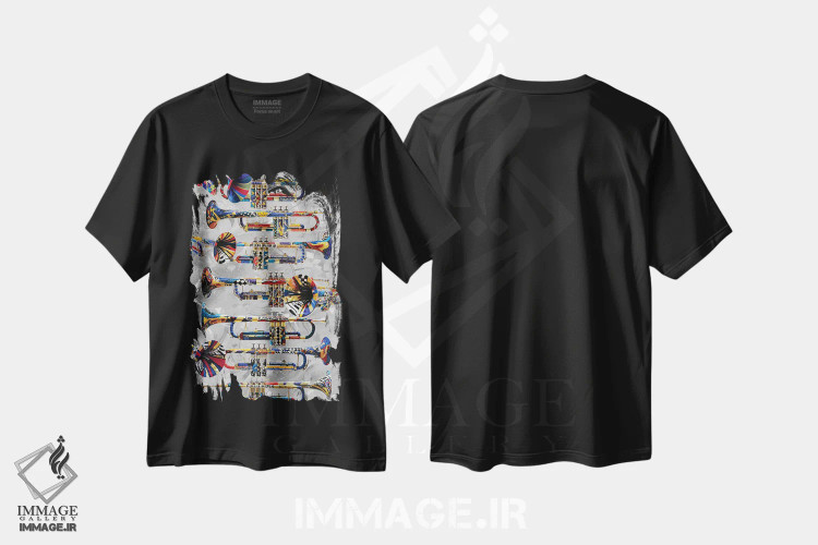 تیشرت مشکی طرح دار ترومپت رنگارنگ، دکور معاصر اثر جولیز | فروشگاه ایماژ