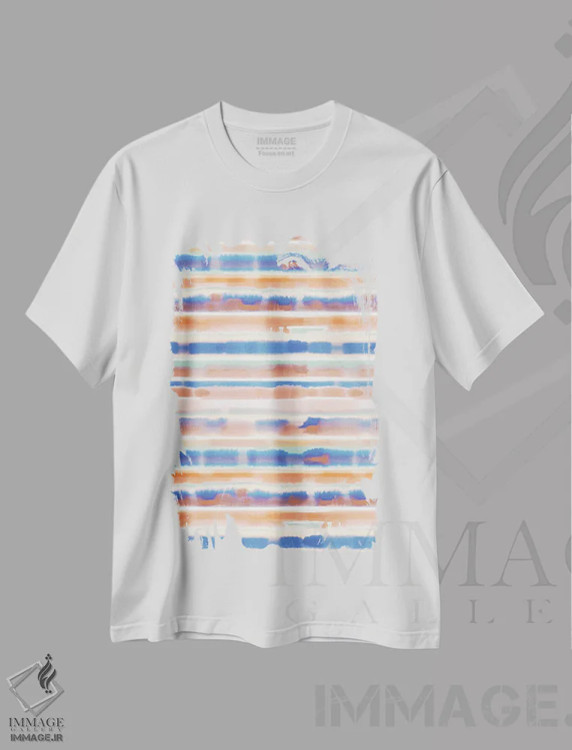 تیشرت سفید طرح دار راه راه آبرنگی آبی نارنجی، آبستره اثر ژاکلین مالدونادو | immage.ir