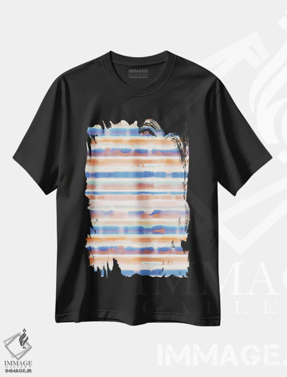 تیشرت مشکی طرح دار راه راه آبرنگی آبی نارنجی، آبستره اثر ژاکلین مالدونادو | فروشگاه ایماژ