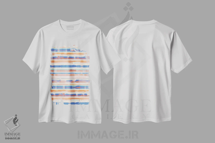 تیشرت سفید طرح دار راه راه آبرنگی آبی نارنجی، آبستره اثر ژاکلین مالدونادو | immage.ir