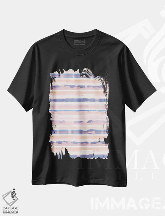 تیشرت مشکی طرح دار راه راه آبرنگی صورتی کم رنگ و مرجانی، آبستره اثر ژاکلین مالدونادو | فروشگاه ایماژ