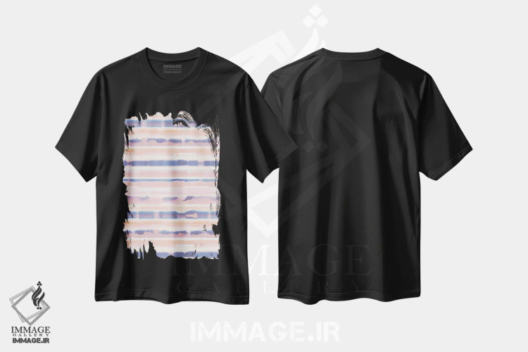 تیشرت مشکی طرح دار راه راه آبرنگی صورتی کم رنگ و مرجانی، آبستره اثر ژاکلین مالدونادو | فروشگاه ایماژ