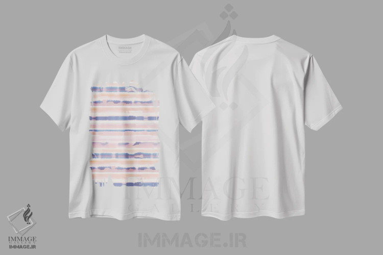 تیشرت سفید طرح دار راه راه آبرنگی صورتی کم رنگ و مرجانی، آبستره اثر ژاکلین مالدونادو | immage.ir