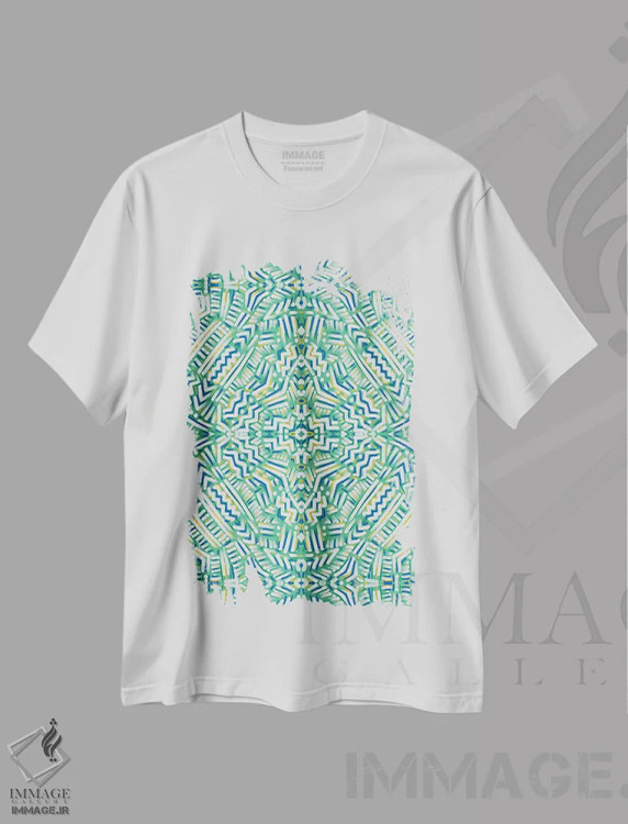 تیشرت سفید طرح دار سبز و زرد مخفیانه، آبستره اثر ژاکلین مالدونادو | فروشگاه ایماژ