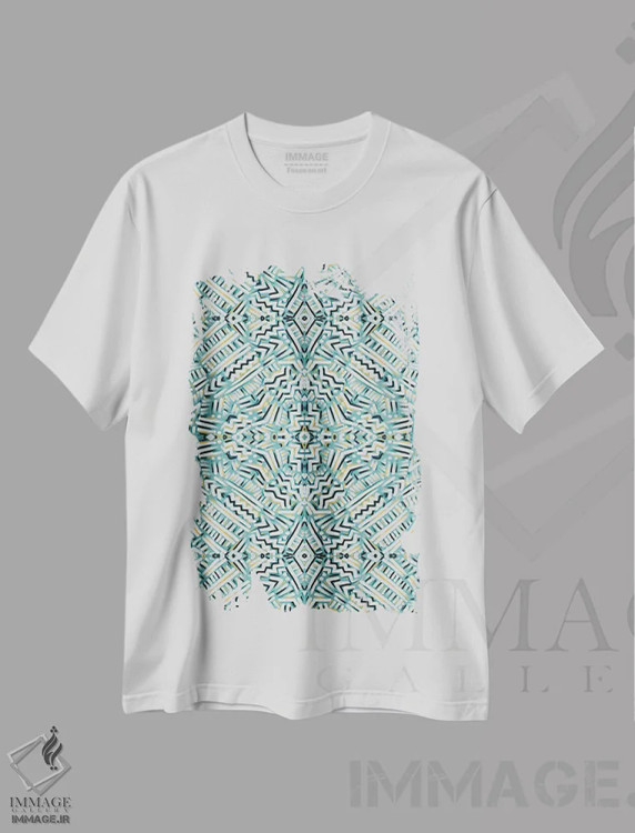 تیشرت سفید طرح دار سبزآبی پنهان، آبستره اثر ژاکلین مالدونادو | فروشگاه ایماژ