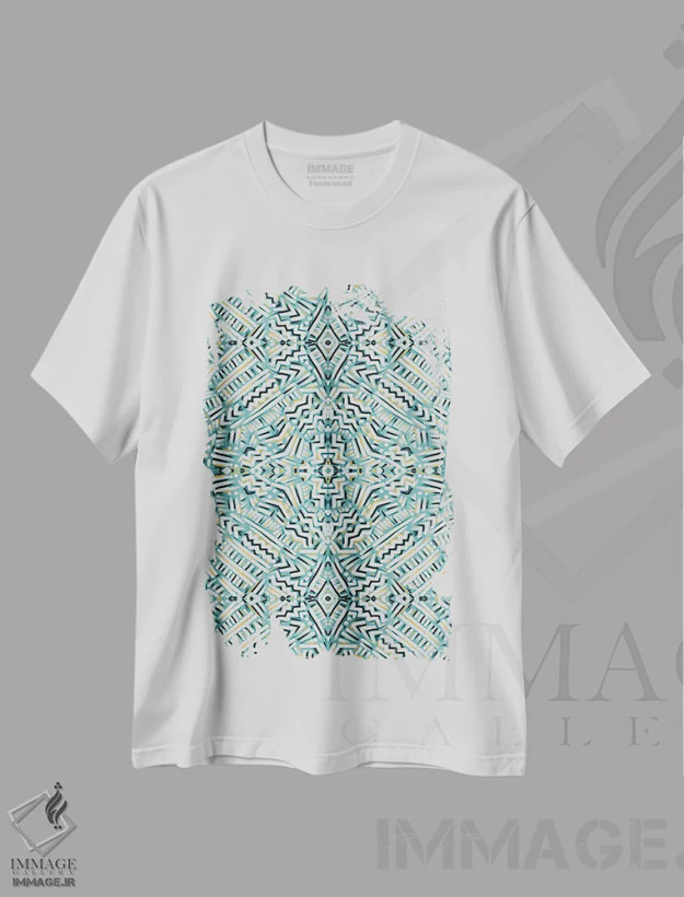 تیشرت سفید طرح دار سبزآبی پنهان، آبستره اثر ژاکلین مالدونادو | فروشگاه ایماژ