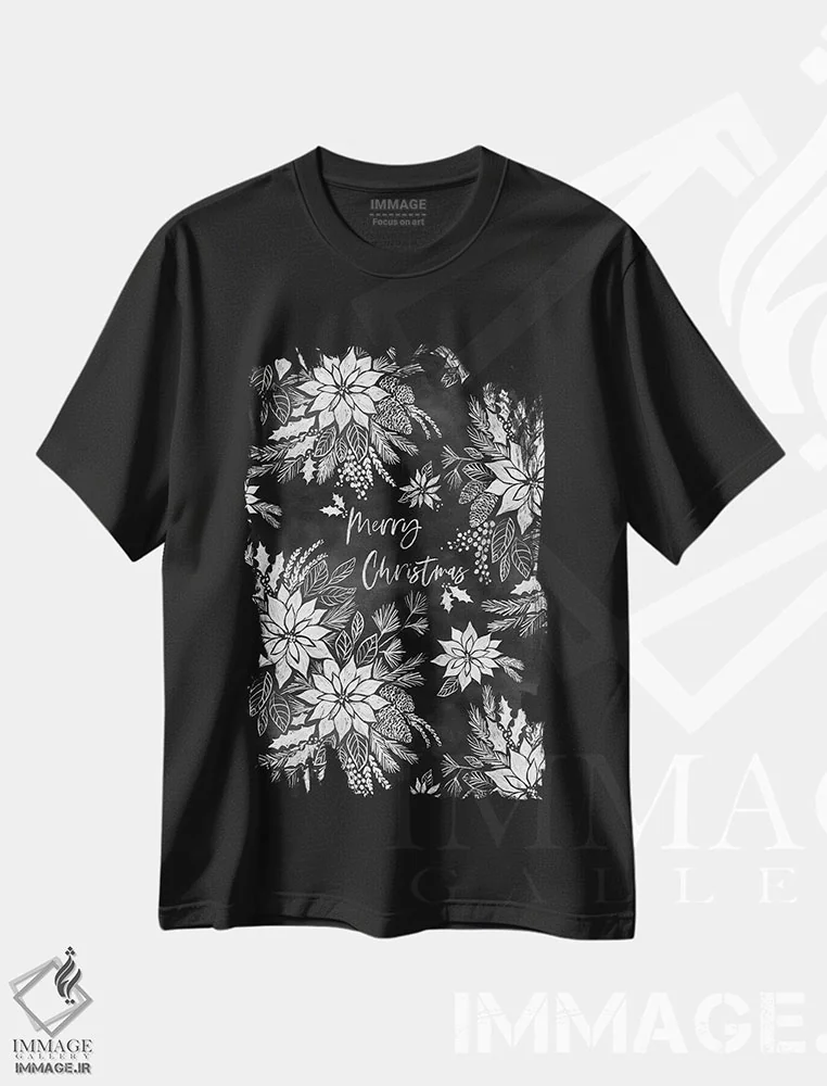 تیشرت مشکی طرح دار پوینستیاهای کریسمسی روی تخته سیاه، تزئینی اثر ژاکلین مالدونادو | فروشگاه ایماژ