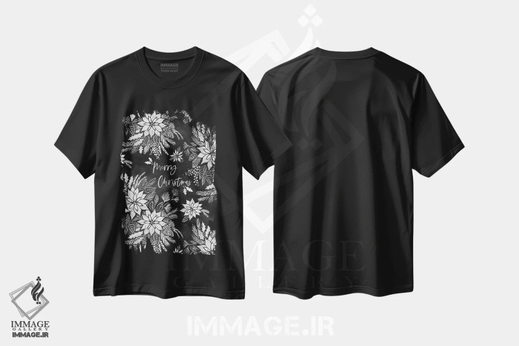 تیشرت مشکی طرح دار پوینستیاهای کریسمسی روی تخته سیاه، تزئینی اثر ژاکلین مالدونادو | فروشگاه ایماژ