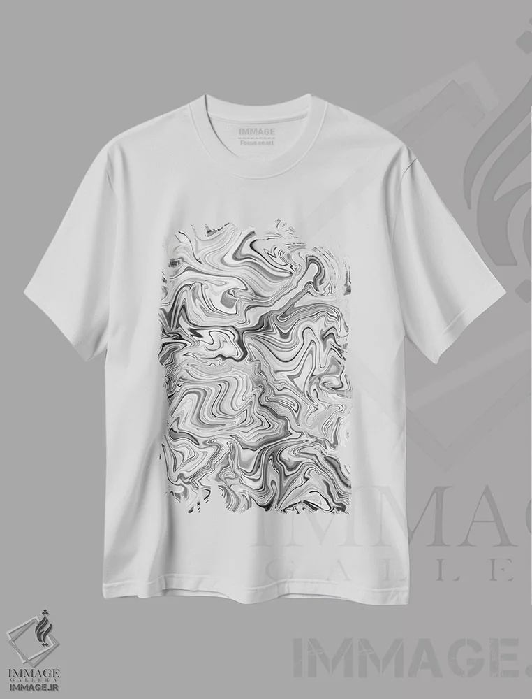 تیشرت سفید طرح دار افسون عشق با طرح مرمرین سیاه و سفید، آبستره اثر ژاکلین مالدونادو | فروشگاه ایماژ