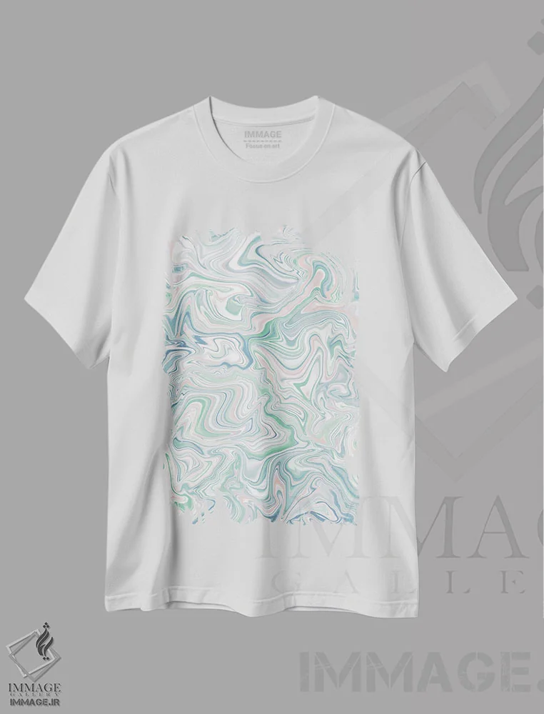 تیشرت سفید طرح دار افسون عشق با طرح مرمرین سبز، آبی، صورتی، آبستره اثر ژاکلین مالدونادو | immage.ir