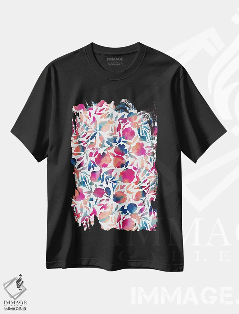 تیشرت مشکی طرح دار برش کاغذی گل آبرنگی چندرنگ پرجنب وجوش، مدیوم اثر ژاکلین مالدونادو | immage.ir