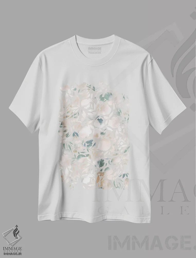 تیشرت سفید طرح دار برش کاغذی گل آبرنگی سبز بژ، مدیوم اثر ژاکلین مالدونادو | immage.ir