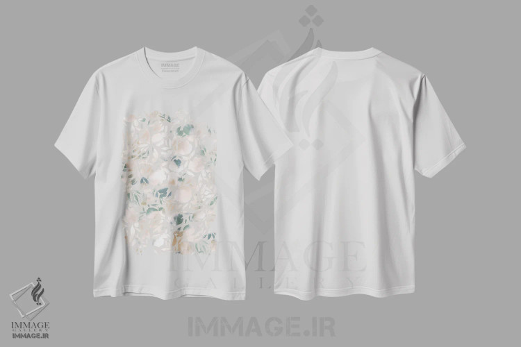تیشرت سفید طرح دار برش کاغذی گل آبرنگی سبز بژ، مدیوم اثر ژاکلین مالدونادو | immage.ir