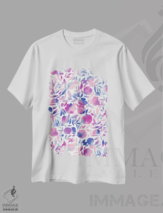 تیشرت سفید طرح دار برش کاغذی گل آبرنگی صورتی آبی، مدیوم اثر ژاکلین مالدونادو | فروشگاه ایماژ