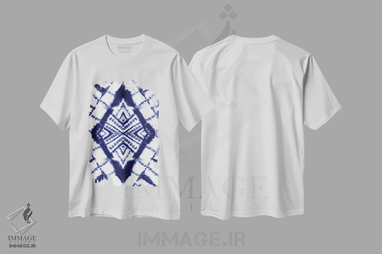 تیشرت سفید طرح دار رنگ رزی لوزی نیلی، آبستره اثر ژاکلین مالدونادو | immage.ir
