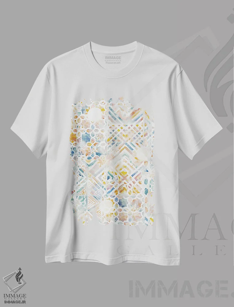 تیشرت سفید طرح دار ترکیب موزاییکی، تزئینی اثر ژاکلین مالدونادو | فروشگاه ایماژ