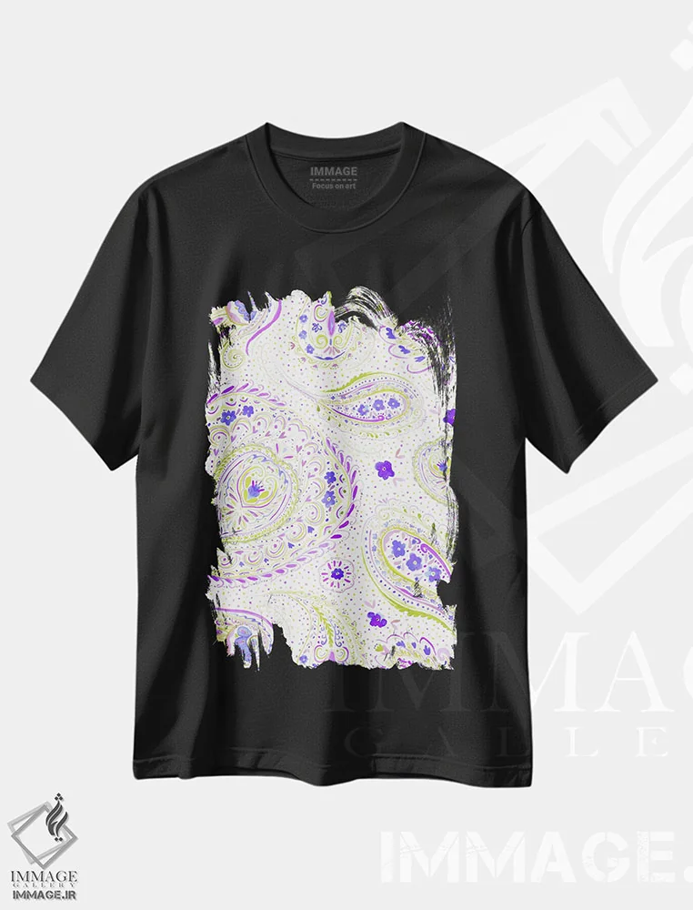 تیشرت مشکی طرح دار نقش بته جقه آبرنگی بنفش، تزئینی اثر ژاکلین مالدونادو | فروشگاه ایماژ