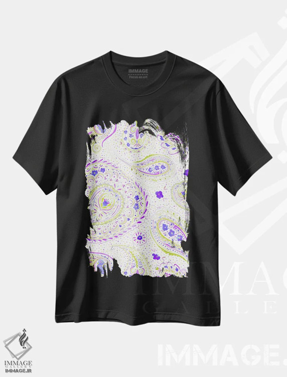 تیشرت مشکی طرح دار نقش بته جقه آبرنگی بنفش، تزئینی اثر ژاکلین مالدونادو | فروشگاه ایماژ