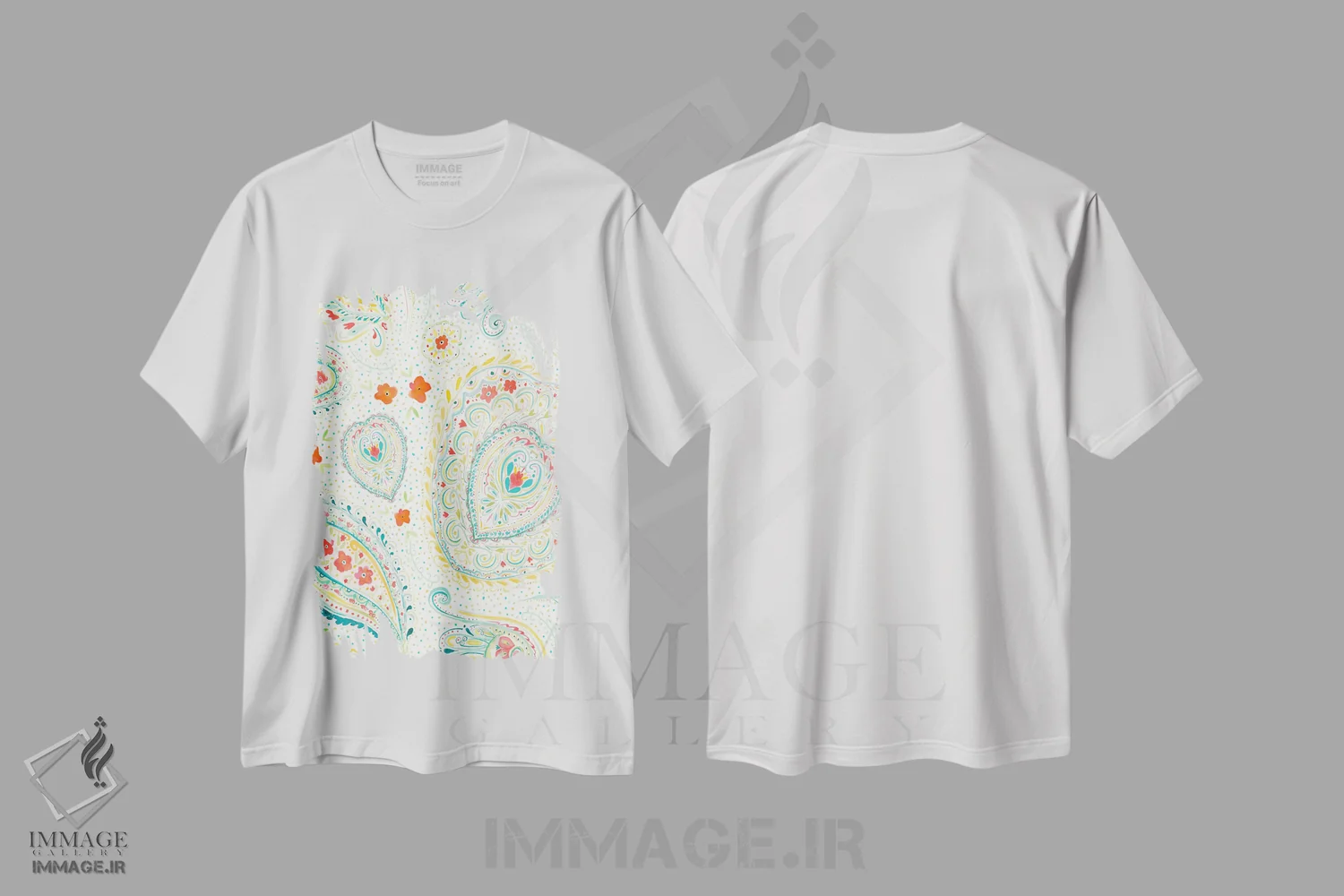 تیشرت سفید طرح دار نقش بته جقه آبرنگی سبزآبی، هنر فاخر معاصر اثر ژاکلین مالدونادو | فروشگاه ایماژ