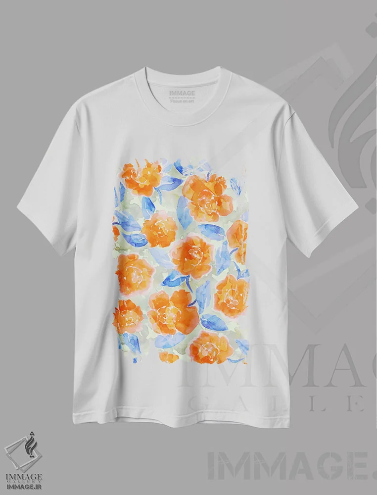 تیشرت سفید طرح دار شکوفه های صدتومانی خانه روستایی نارنجی، هنر فاخر معاصر اثر ژاکلین مالدونادو | فروشگاه ایماژ