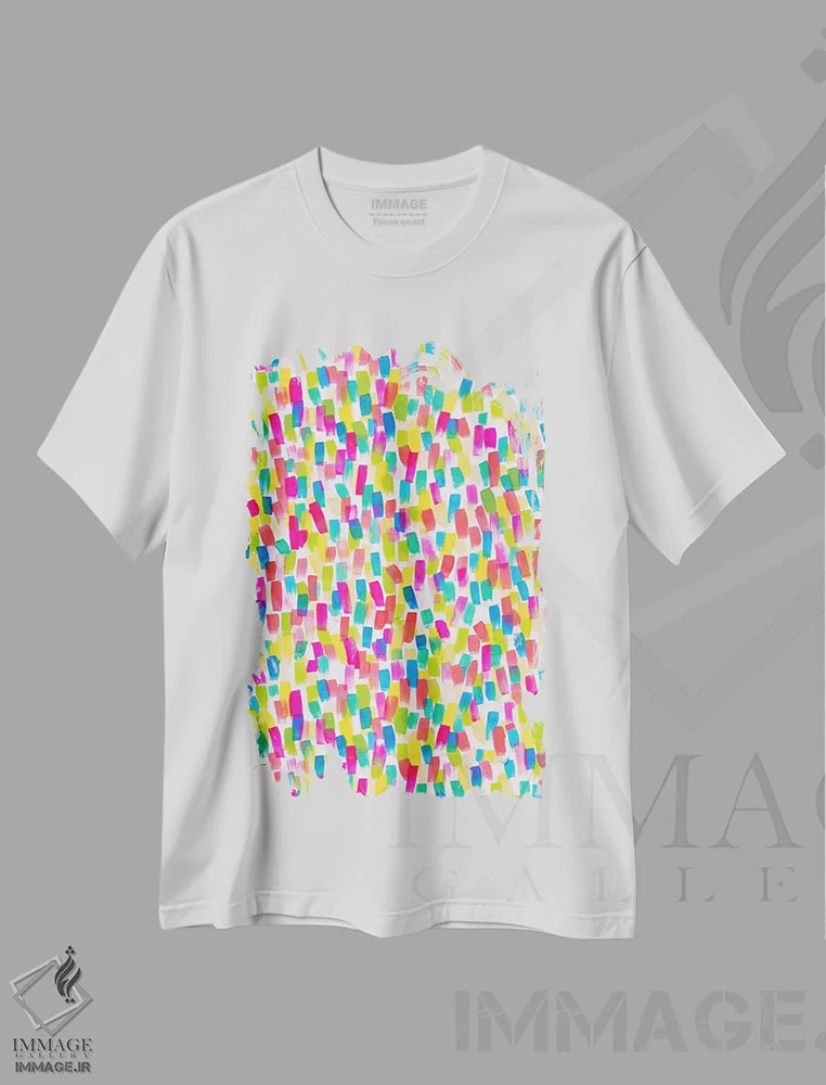 تیشرت سفید طرح دار شادی رنگ ها، آبستره اثر ژاکلین مالدونادو | immage.ir