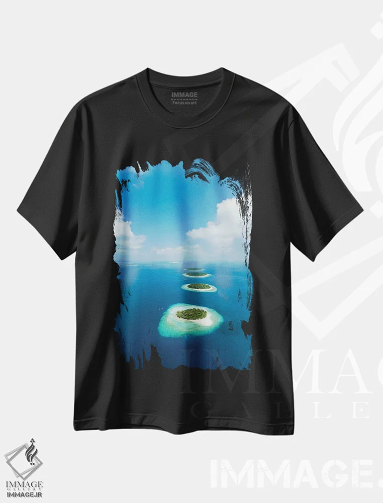 تیشرت مشکی طرح دار نمای هوایی از آتول با در مالدیو، سواحل از نمای بالا اثر یان بکه | فروشگاه ایماژ