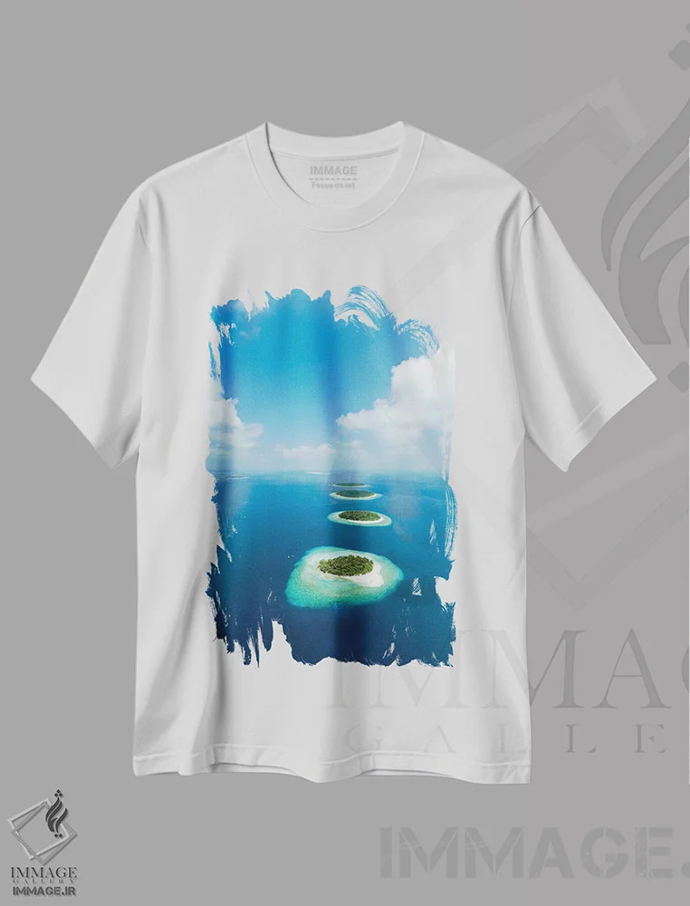 تیشرت سفید طرح دار نمای هوایی از آتول با در مالدیو، سواحل از نمای بالا اثر یان بکه | immage.ir