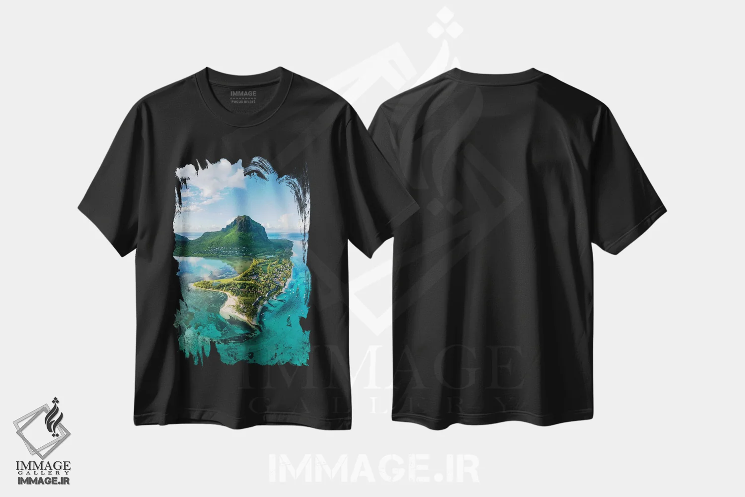 تیشرت مشکی طرح دار نمای هوایی از کوه لُمورن برابانت در جزیره موریس، مدیوم اثر یان بکه | فروشگاه ایماژ