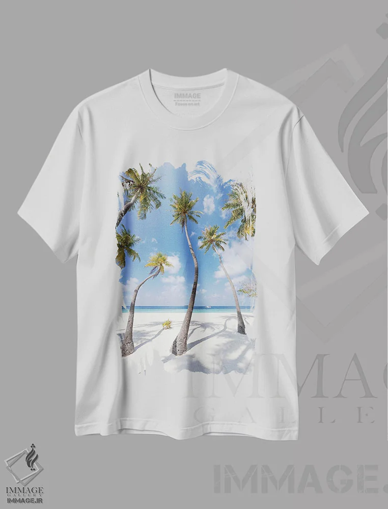 تیشرت سفید طرح دار Maldives,درختان نخل در ساحل، مالدیو، مدیوم اثر یان بکه | فروشگاه ایماژ