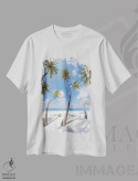 تیشرت سفید طرح دار Maldives,درختان نخل در ساحل، مالدیو، مدیوم اثر یان بکه | فروشگاه ایماژ
