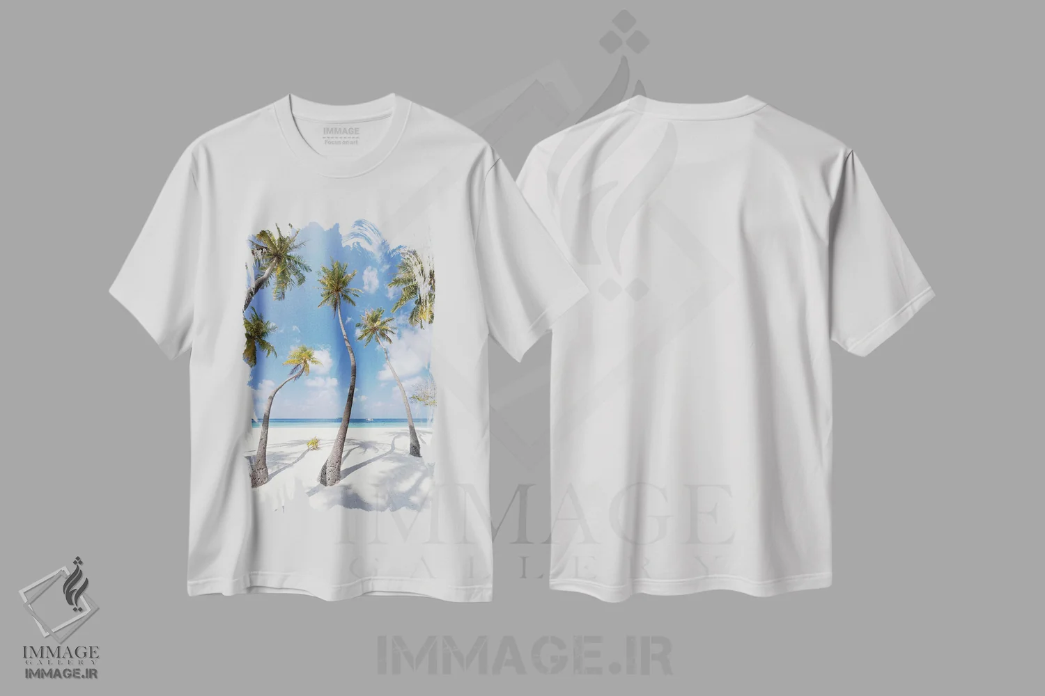 تیشرت سفید طرح دار Maldives,درختان نخل در ساحل، مالدیو، مدیوم اثر یان بکه | فروشگاه ایماژ