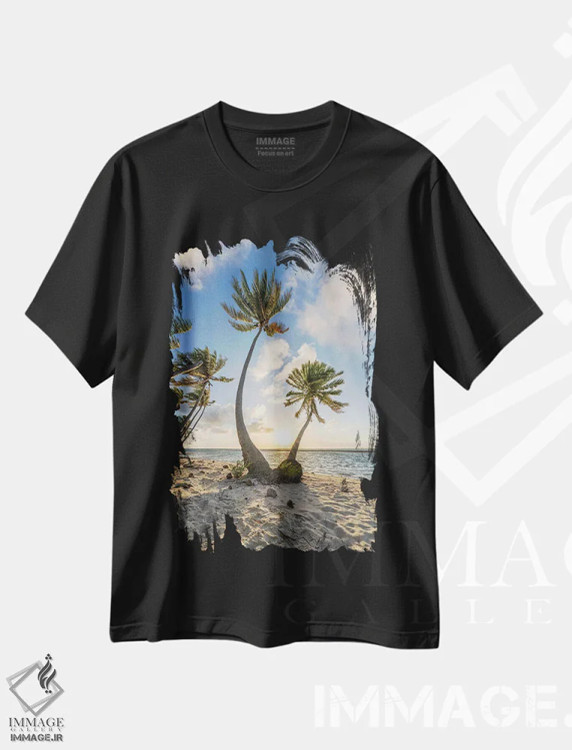 تیشرت مشکی طرح دار غروب خورشید در ساحل استوایی با درختان نخل، مدیوم اثر یان بکه | immage.ir
