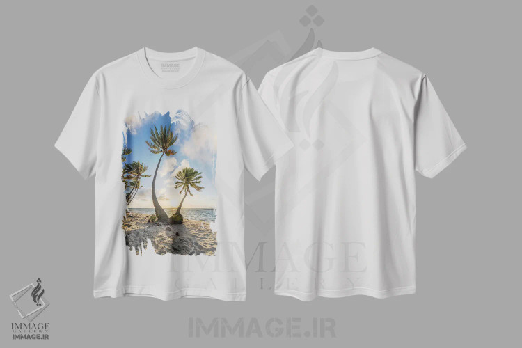 تیشرت سفید طرح دار غروب خورشید در ساحل استوایی با درختان نخل، مدیوم اثر یان بکه | فروشگاه ایماژ