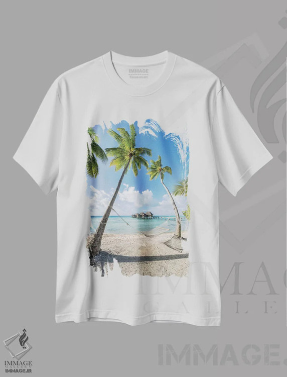 تیشرت سفید طرح دار تعطیلات تابستانی در جزیره ای استوایی در جنوب دریاها، مدیوم اثر یان بکه | immage.ir