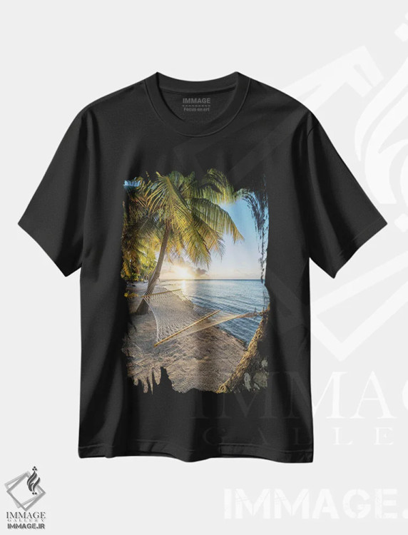 تیشرت مشکی طرح دار غروب در تخت آویز بر روی ساحل، مدیوم اثر یان بکه | فروشگاه ایماژ