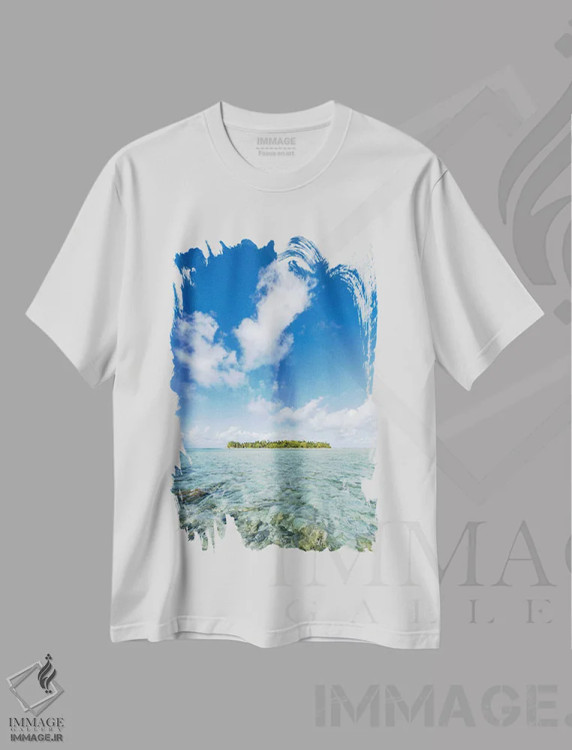 تیشرت سفید طرح دار جزیره استوایی در جنوب دریاها، مدیوم اثر یان بکه | فروشگاه ایماژ