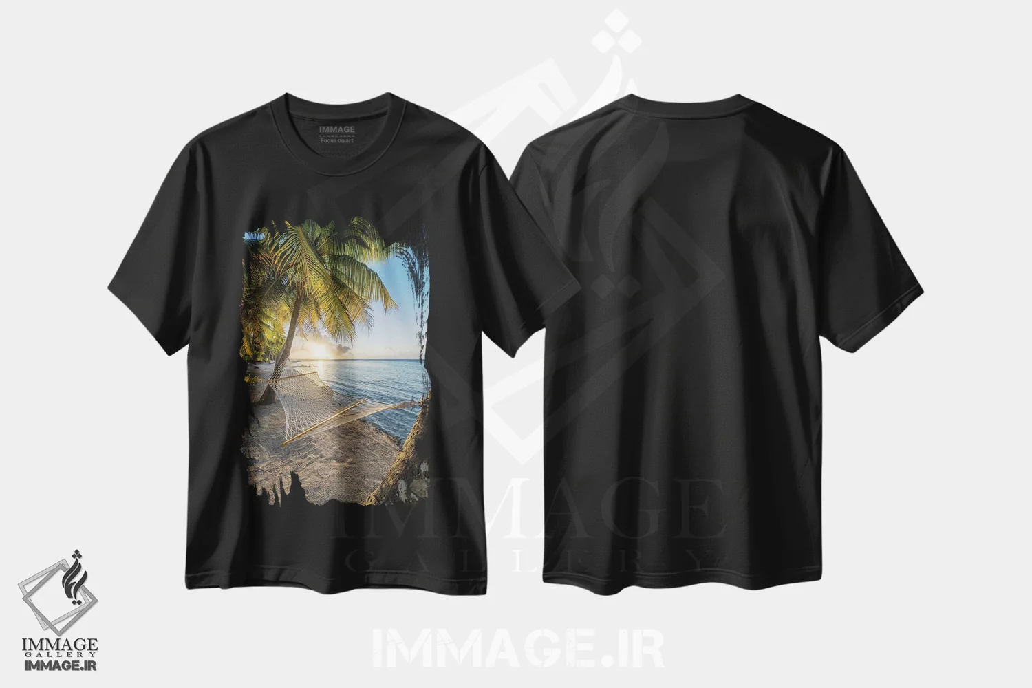 تیشرت مشکی طرح دار غروب در تخت آویز بر روی ساحل، مدیوم اثر یان بکه | فروشگاه ایماژ