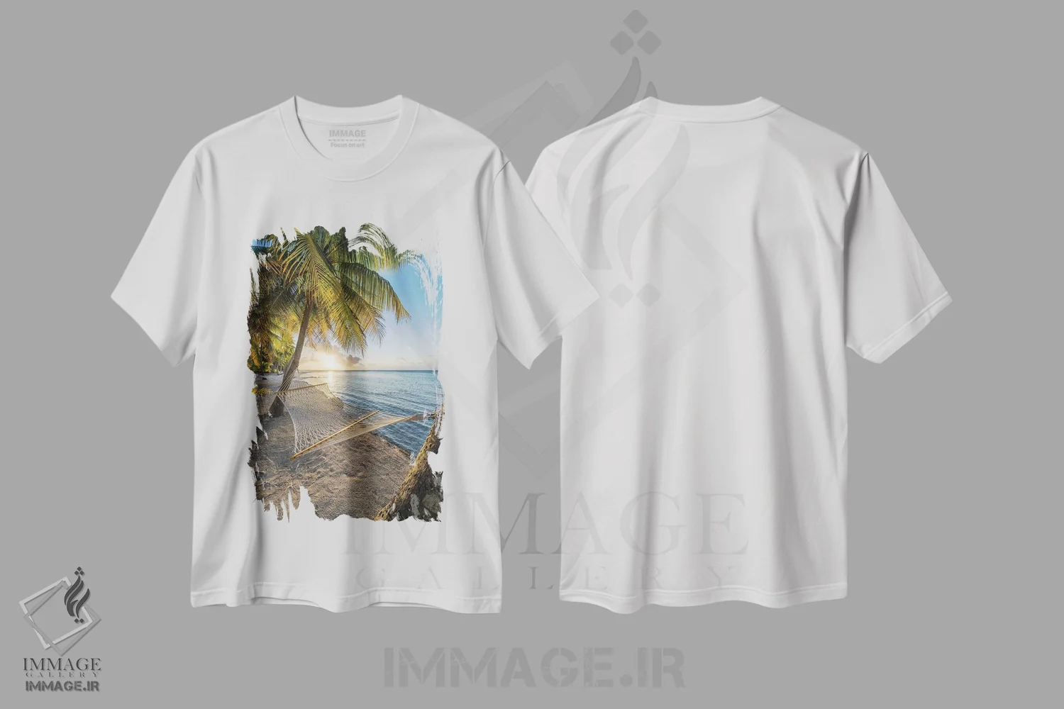 تیشرت سفید طرح دار غروب در تخت آویز بر روی ساحل، مدیوم اثر یان بکه | immage.ir