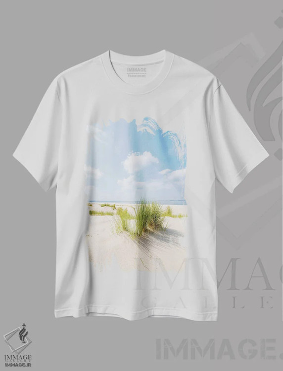 تیشرت سفید طرح دار روز آفتابی در ساحل تپه شنی، مدیوم اثر یان بکه | immage.ir