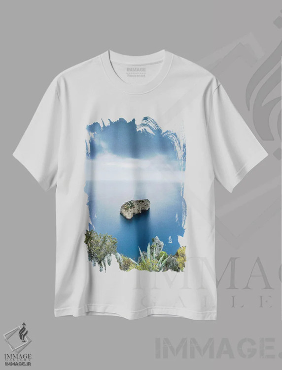 تیشرت سفید طرح دار Capri, Italy,صخره اسکوگلیو دل موناکونه، کاپری، ایتالیا، مدیوم اثر یان بکه | فروشگاه ایماژ