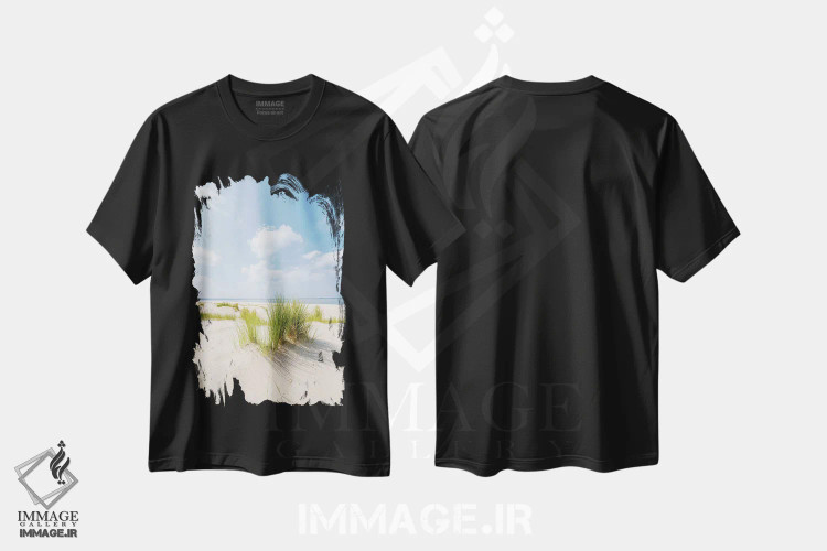 تیشرت مشکی طرح دار روز آفتابی در ساحل تپه شنی، مدیوم اثر یان بکه | فروشگاه ایماژ