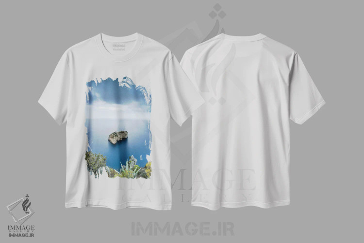 تیشرت سفید طرح دار Capri, Italy,صخره اسکوگلیو دل موناکونه، کاپری، ایتالیا، مدیوم اثر یان بکه | فروشگاه ایماژ