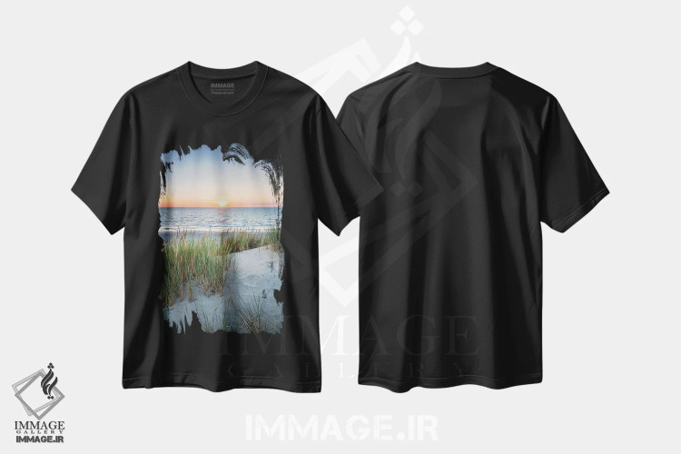 تیشرت مشکی طرح دار منظره تپه های شنی در ساحل هنگام غروب آفتاب، مدیوم اثر یان بکه | فروشگاه ایماژ
