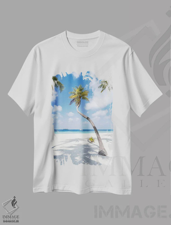 تیشرت سفید طرح دار Maldives,درخت نخل در ساحل، مالدیو، مدیوم اثر یان بکه | فروشگاه ایماژ