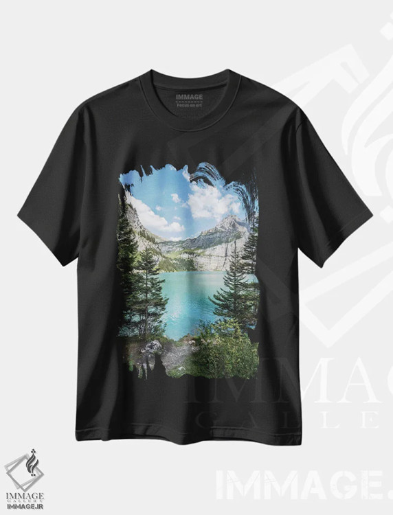 تیشرت مشکی طرح دار دریاچه اوشینن در کوه های آلپ سوئیس، مدیوم اثر یان بکه | فروشگاه ایماژ