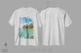 تیشرت سفید طرح دار جزیره گرمسیری با درختان نخل در مالدیو، مدیوم اثر یان بکه | فروشگاه ایماژ