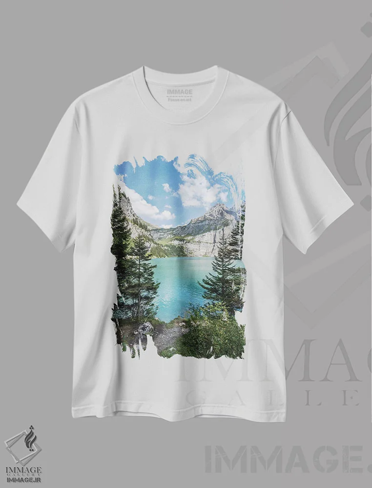 تیشرت سفید طرح دار دریاچه اوشینن در کوه های آلپ سوئیس، مدیوم اثر یان بکه | immage.ir
