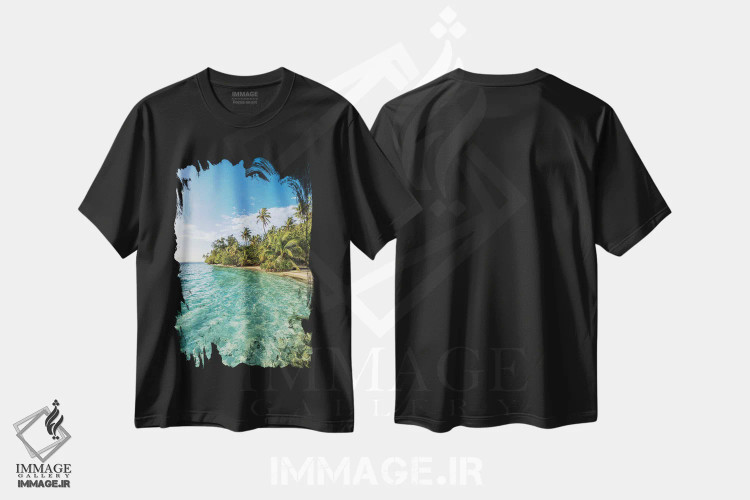 تیشرت مشکی طرح دار جزیره گرمسیری با درختان نخل در مالدیو، مدیوم اثر یان بکه | immage.ir