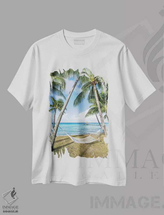 تیشرت سفید طرح دار تخت آویز در ساحل، مدیوم اثر یان بکه | فروشگاه ایماژ