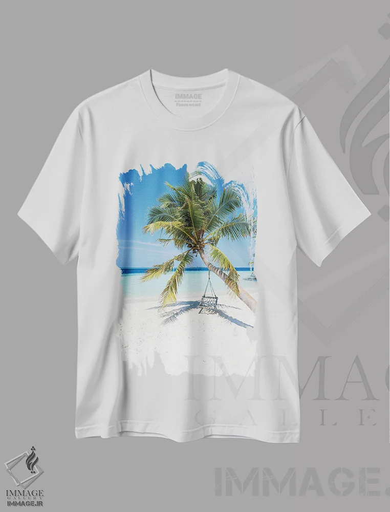 تیشرت سفید طرح دار Maldives,تعطیلات تابستانی در ساحل مالدیو، مدیوم اثر یان بکه | فروشگاه ایماژ